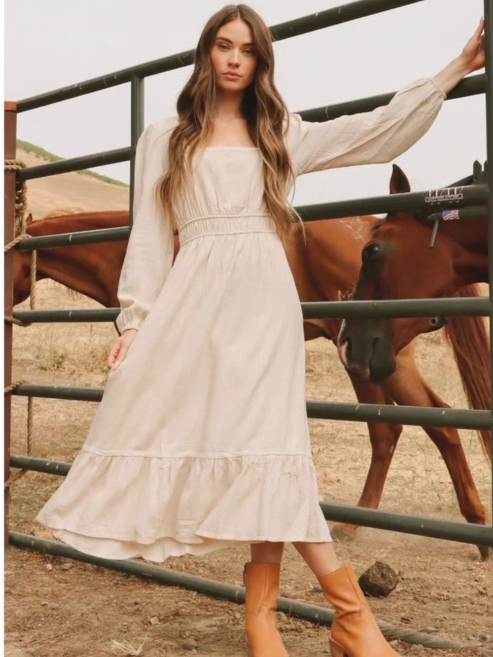 Lost + Wander Cream Square-Neck Midi/Maxi Dress